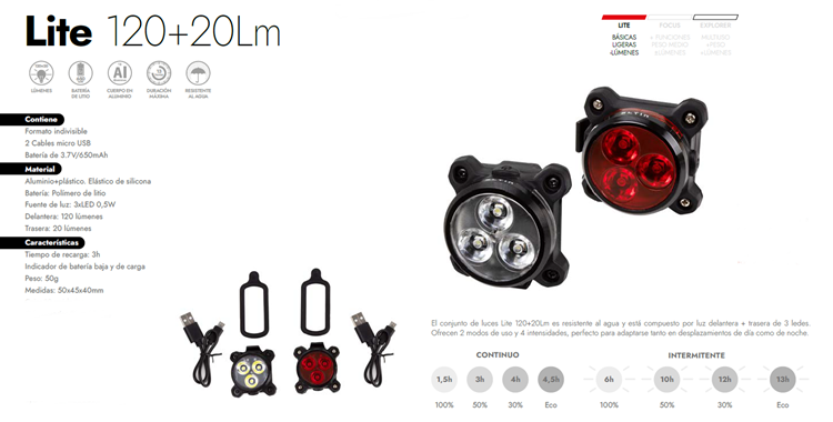 FARO BICICLETA ELTIN DELANTERO+TRASERO LITE 120/20 LUMENES USB